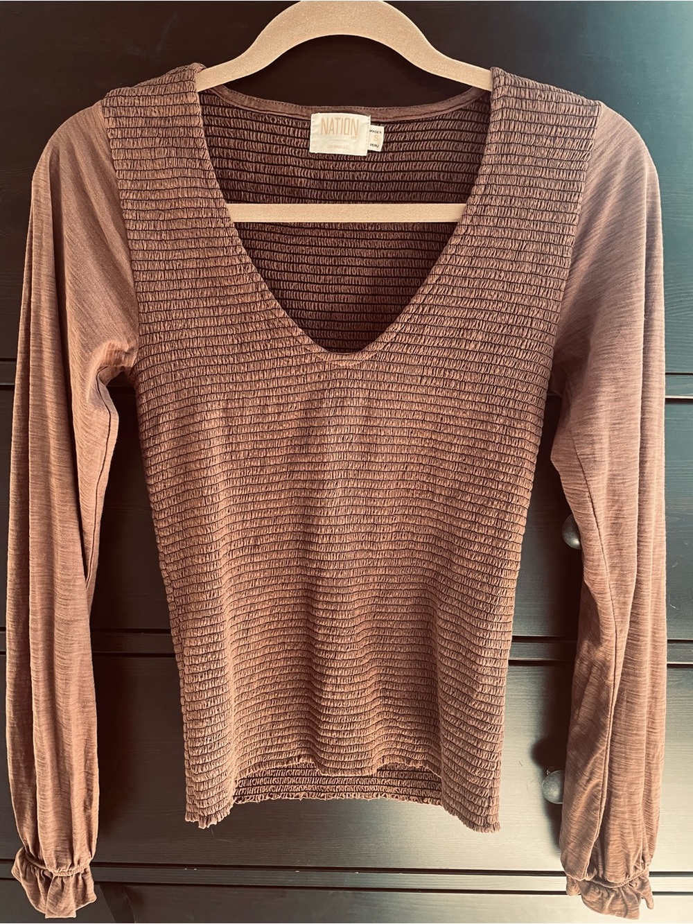 Nation LTD Long Sleeve Smocked V-Neck Top in Brown
